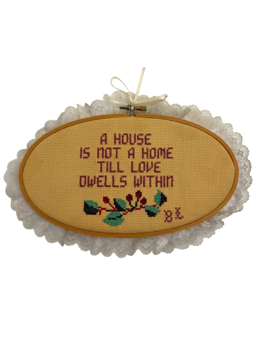 VTG Handmade Oval Cross-Stitch Wall Decor Lace Trim A House Is Not A Home..